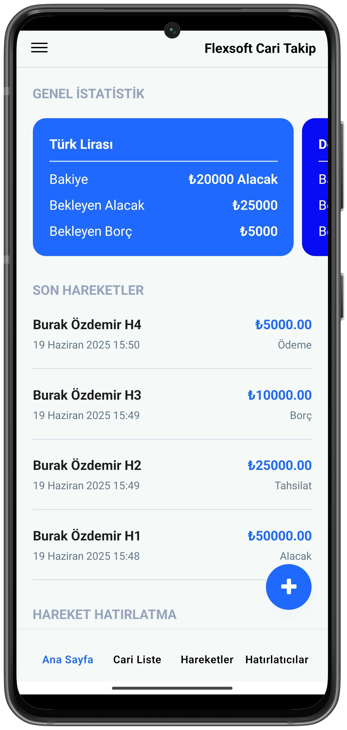 Flexsoft Cari Takip ana sayfa arayüzü ekran görüntüsü
