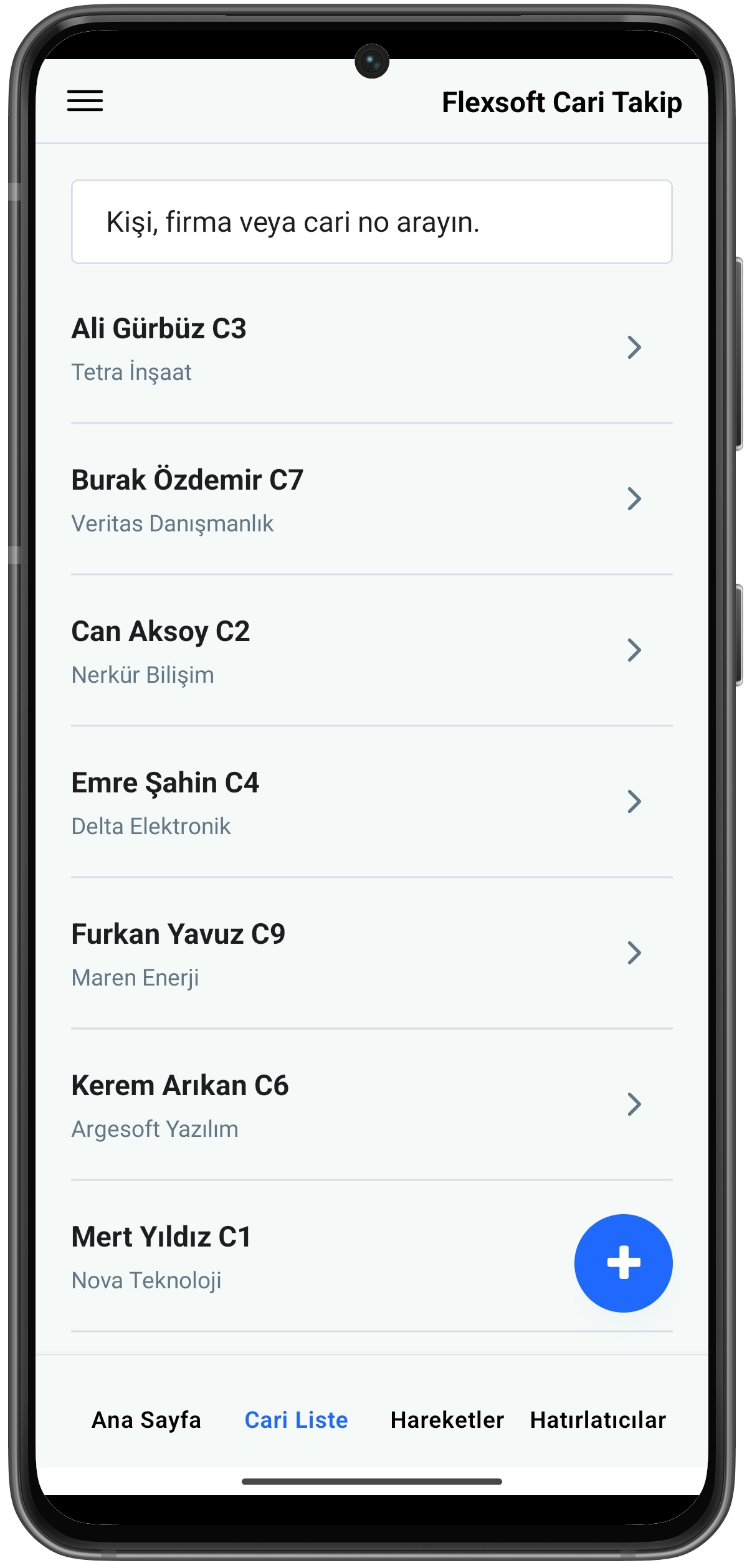 Flexsoft Cari Takip uygulamasında detaylı cari verileri gösteren ekran